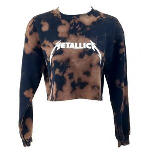 METALLICA Acid Wash, Distressed Cropped Crop Top Long Sleeve Crewneck Sweatshirt